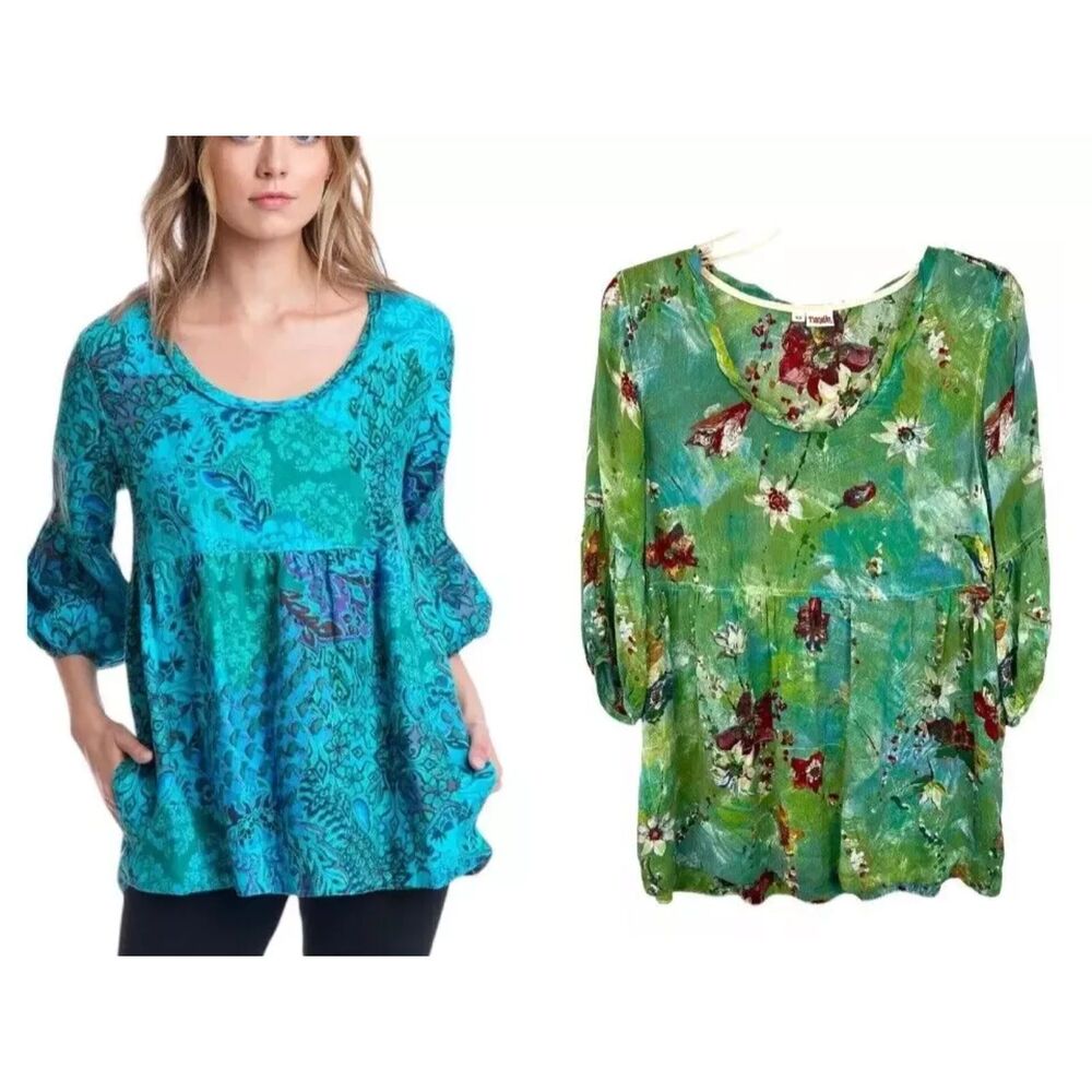 Tianello Women's Twisted Neckline Floral Babydoll Shelby Blouse Top Size XS